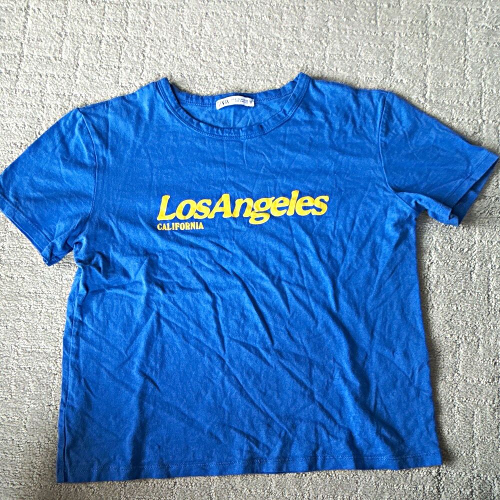 ZARA Women’s M Medium Blue Cotton Knit Los Angeles Graphic Crew Neck Tee
